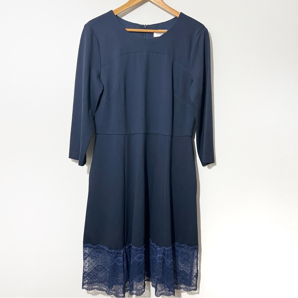Eliza J Navy‎ Long Sleeve Midi Sheath Dress w/ Lace Hem Sz 14